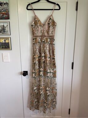 Aqua Brand Embroidered Floral Maxi Dress - Neutral Gold